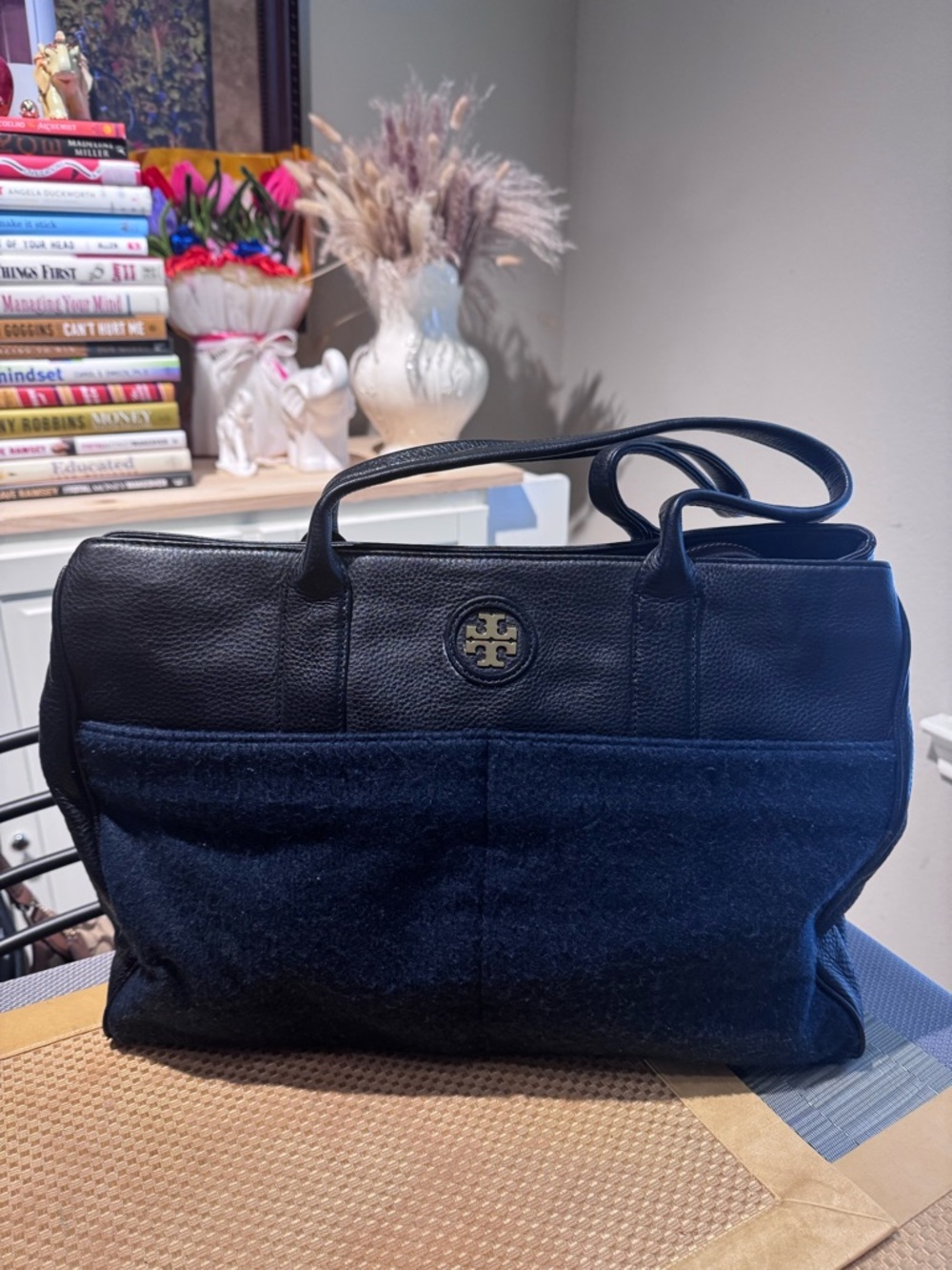 Tory Burch Black Leather and Fabric Tote with Logo Medallion